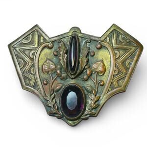 Art Nouveau Brass Brooch, Amethyst Glass Floral Pin